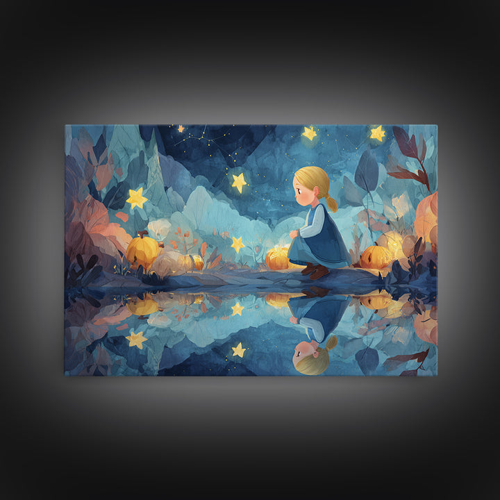 The Mirror Lake Of Lost Constellations, Watercolor Halloween Art, Landscape Wall Art, Framed Canvas Print, Cute Halloween Wall Art