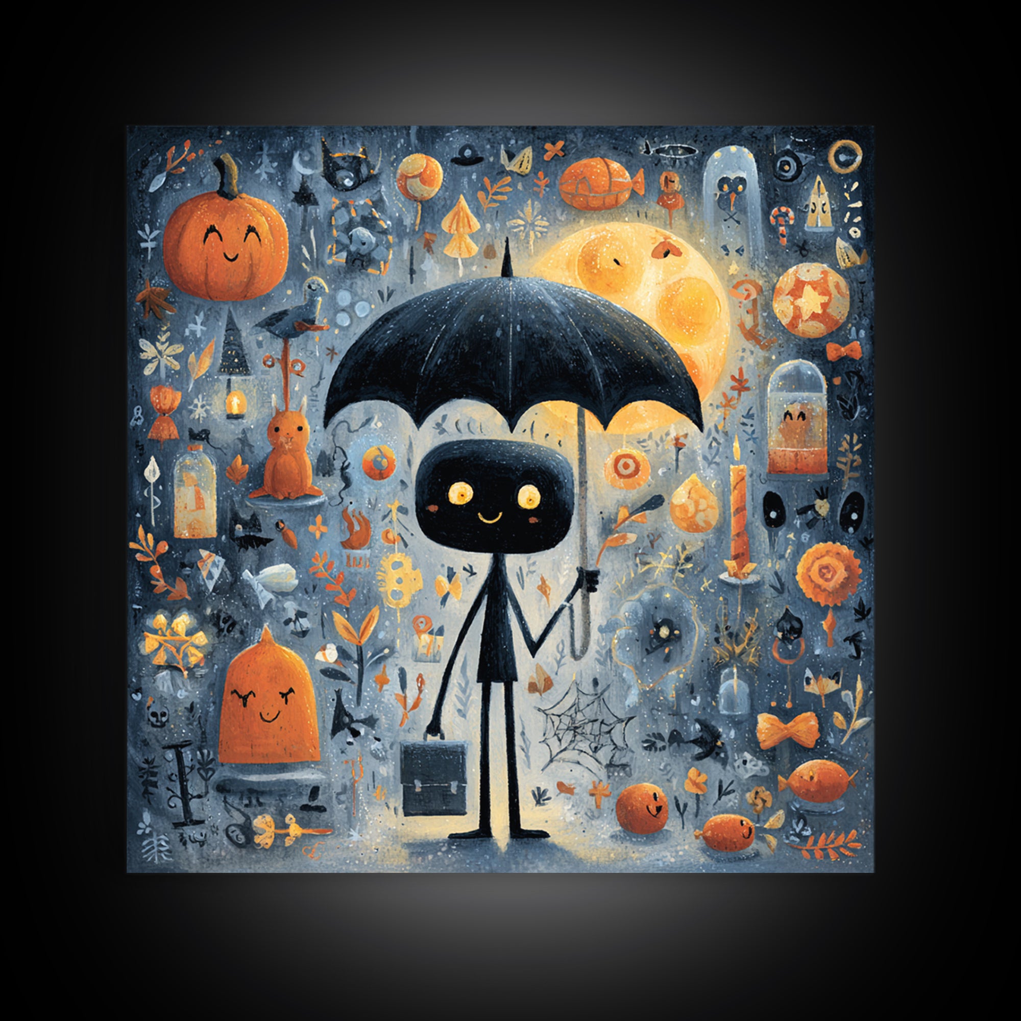 The Umbrella Of The Outer Rain, Gouache Halloween Art, Square Wall Art, Canvas Print, Cute Halloween Wall Art