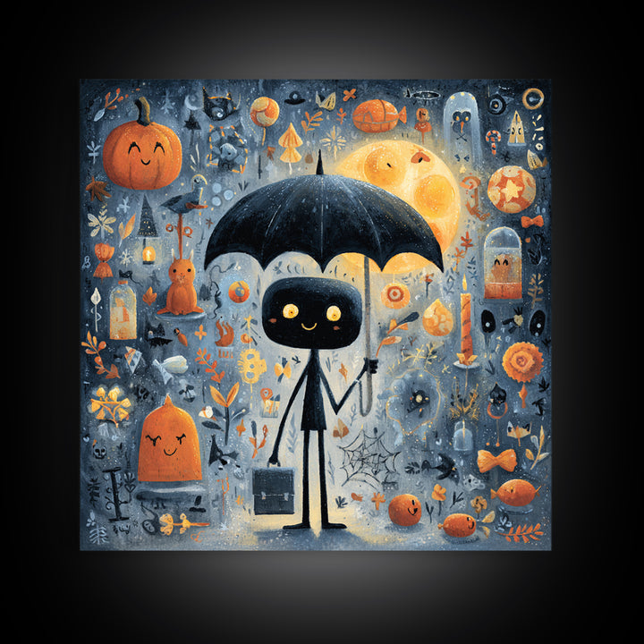 The Umbrella Of The Outer Rain, Gouache Halloween Art, Square Wall Art, Canvas Print, Cute Halloween Wall Art