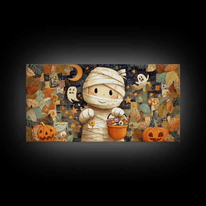 The Shy Little Mummy, Crayon Halloween Art, Wide Panoramic Art, Framed Canvas Print, Cute Halloween Wall Art