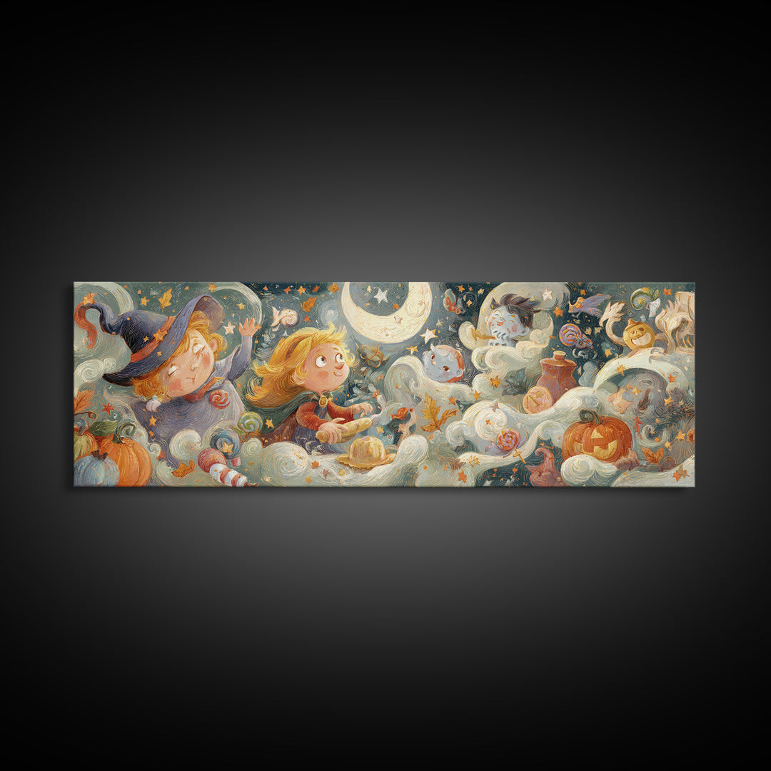 The Cookie Spellcaster, Pastel Halloween Art, Extra Wide Wall Art, Canvas Print, Cute Halloween Wall Art