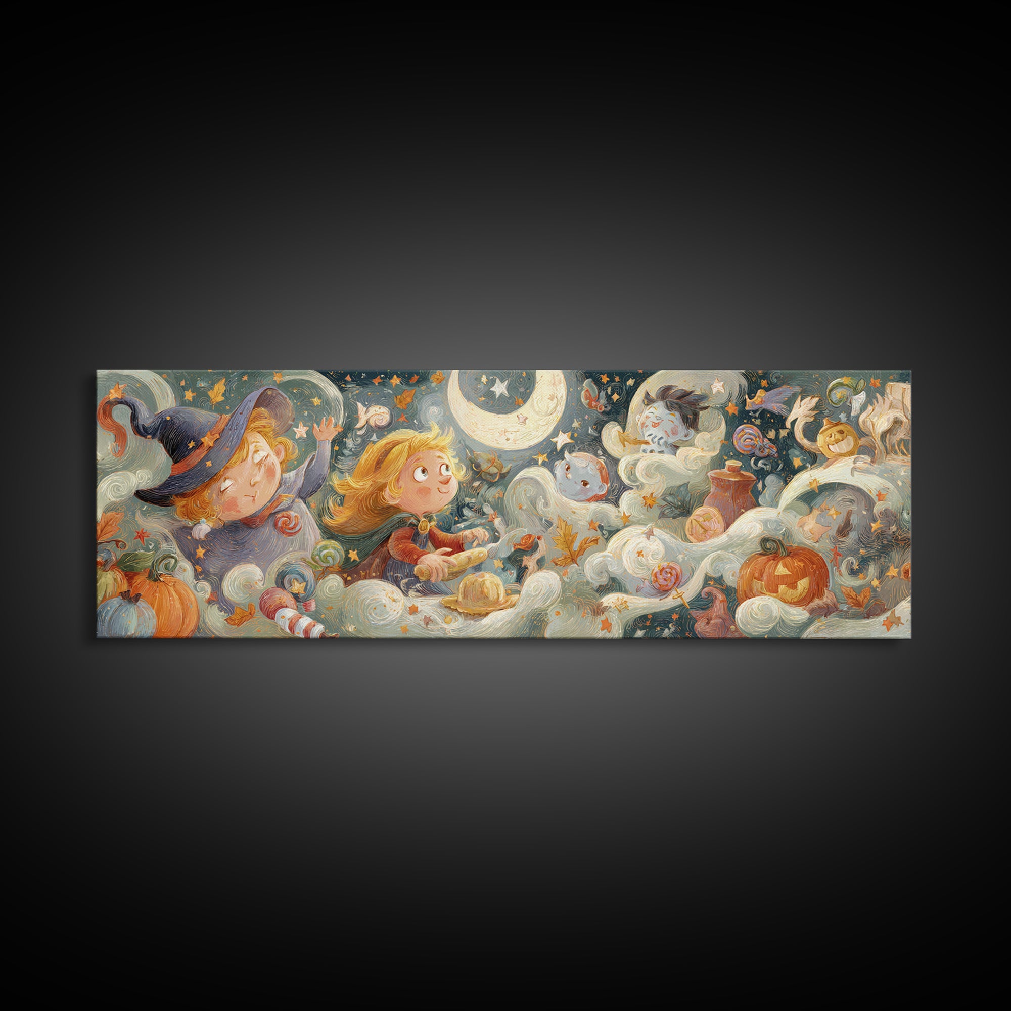 The Cookie Spellcaster, Pastel Halloween Art, Extra Wide Wall Art, Canvas Print, Cute Halloween Wall Art