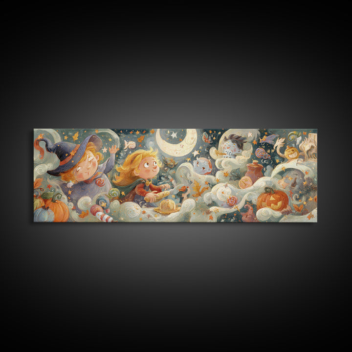 The Cookie Spellcaster, Pastel Halloween Art, Extra Wide Wall Art, Canvas Print, Cute Halloween Wall Art