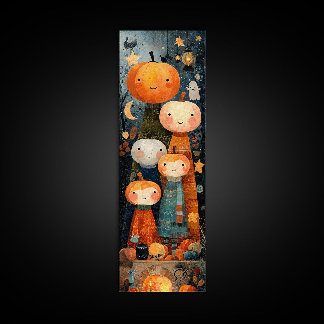 The Pumpkin Family Portrait, Paper Collage Halloween, Tall Narrow Wall Art, Framed Canvas Print, Cute Halloween Wall Art