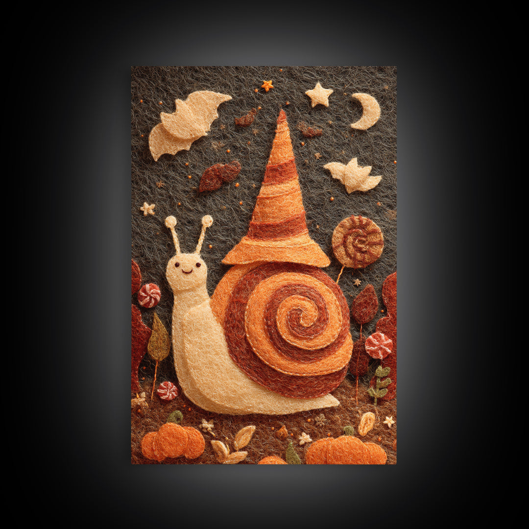 The Cinnamon-Roll Snail Witch, Felt Halloween Art, Vertical Wall Art, Canvas Print, Cute Halloween Wall Art
