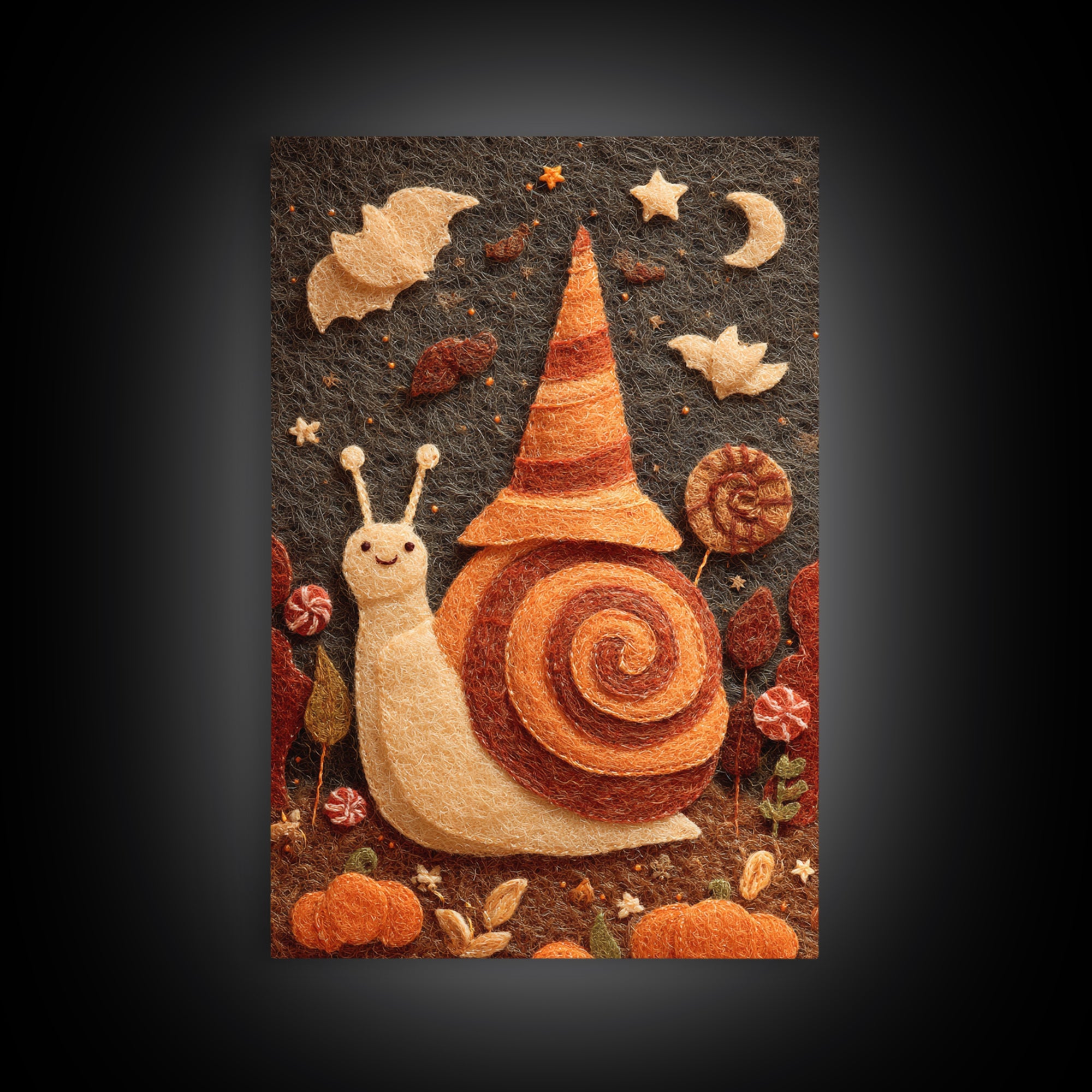 The Cinnamon-Roll Snail Witch, Felt Halloween Art, Vertical Wall Art, Canvas Print, Cute Halloween Wall Art