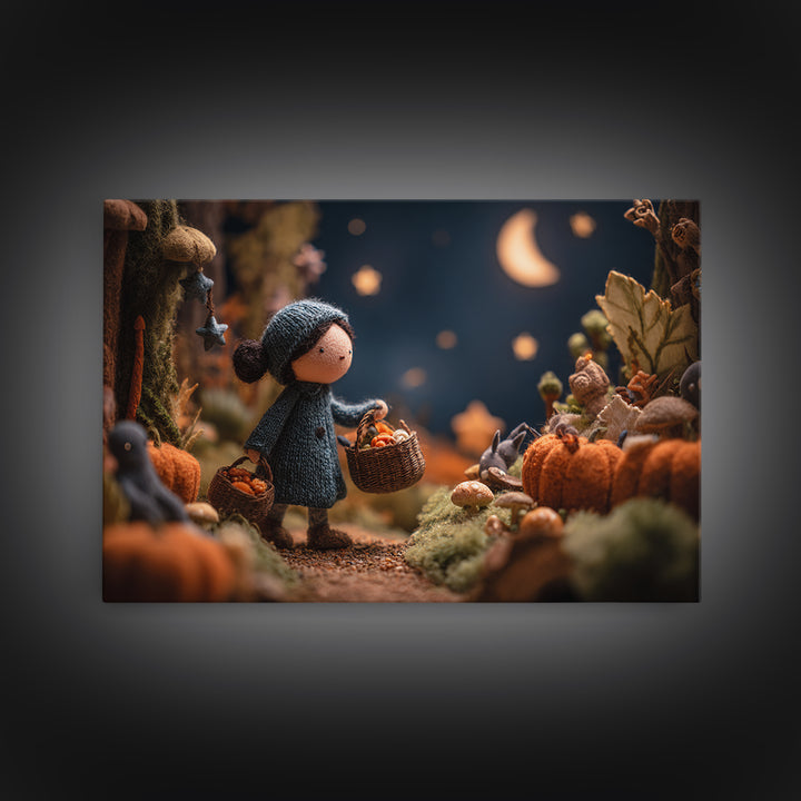 The Moonlit Scavenger Hunt, Clay Halloween Art, Landscape Wall Art, Framed Canvas Print, Cute Halloween Wall Art