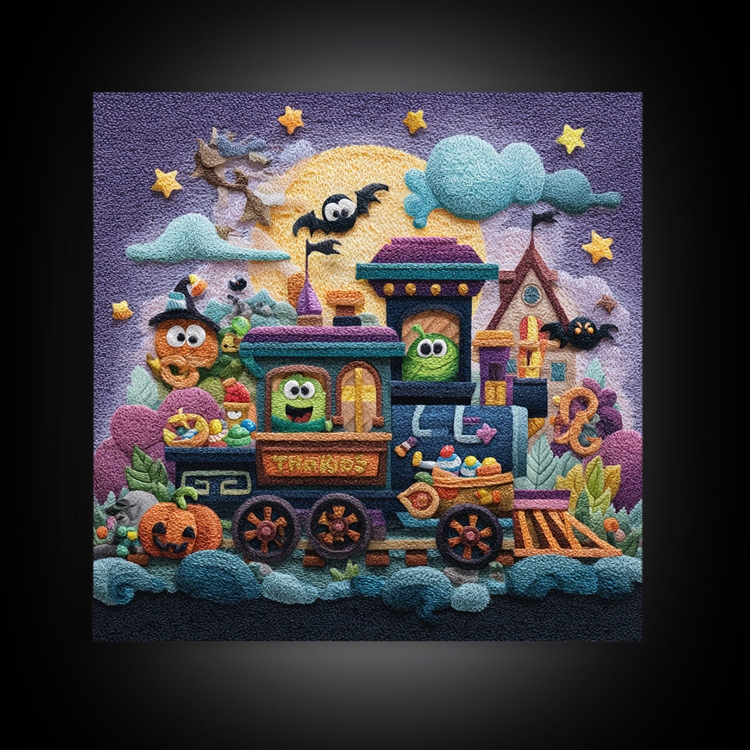 The Trick-Or-Treat Express, Plush Halloween Art, Square Wall Art, Canvas Print, Cute Halloween Wall Art