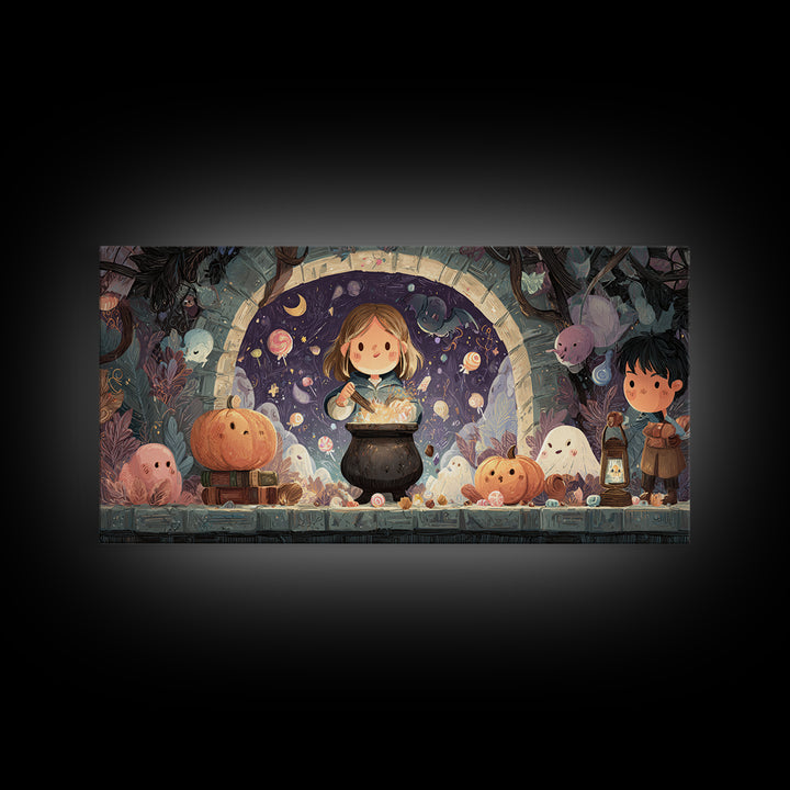 The Dreamwell Beneath Miskatonic, Kawaii Halloween Art, Wide Panoramic Art, Framed Canvas Print, Cute Halloween Wall Art