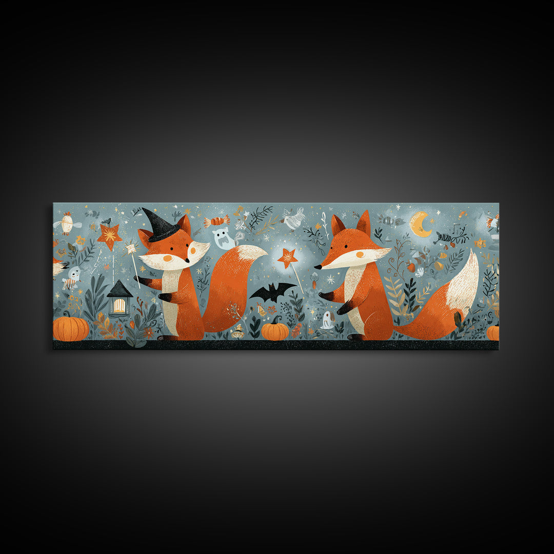 The Fox Wizard, Retro Halloween Art, Extra Wide Wall Art, Canvas Print, Cute Halloween Wall Art, Cozy Autumn Kids Decor