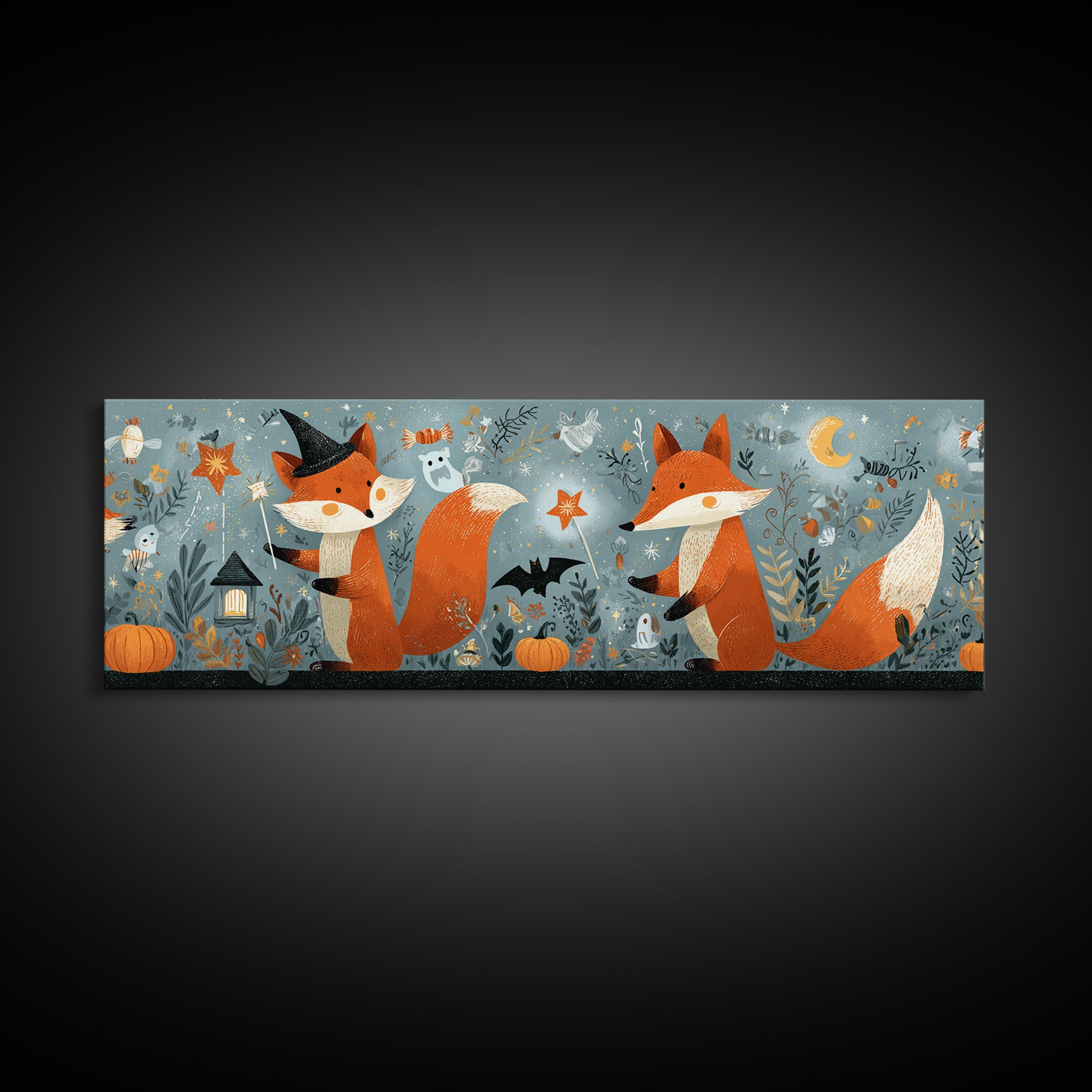 The Fox Wizard, Retro Halloween Art, Extra Wide Wall Art, Canvas Print, Cute Halloween Wall Art, Cozy Autumn Kids Decor