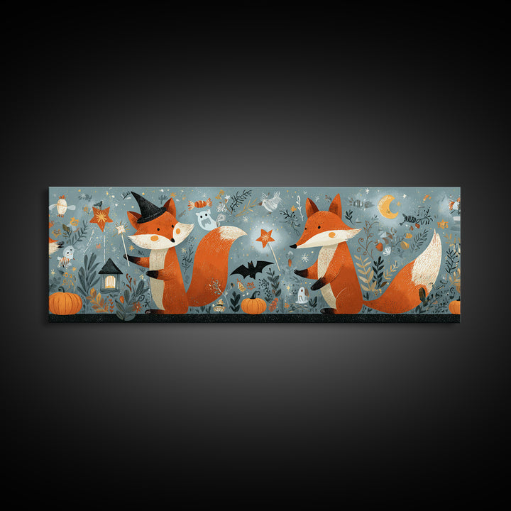 The Fox Wizard, Retro Halloween Art, Extra Wide Wall Art, Canvas Print, Cute Halloween Wall Art, Cozy Autumn Kids Decor