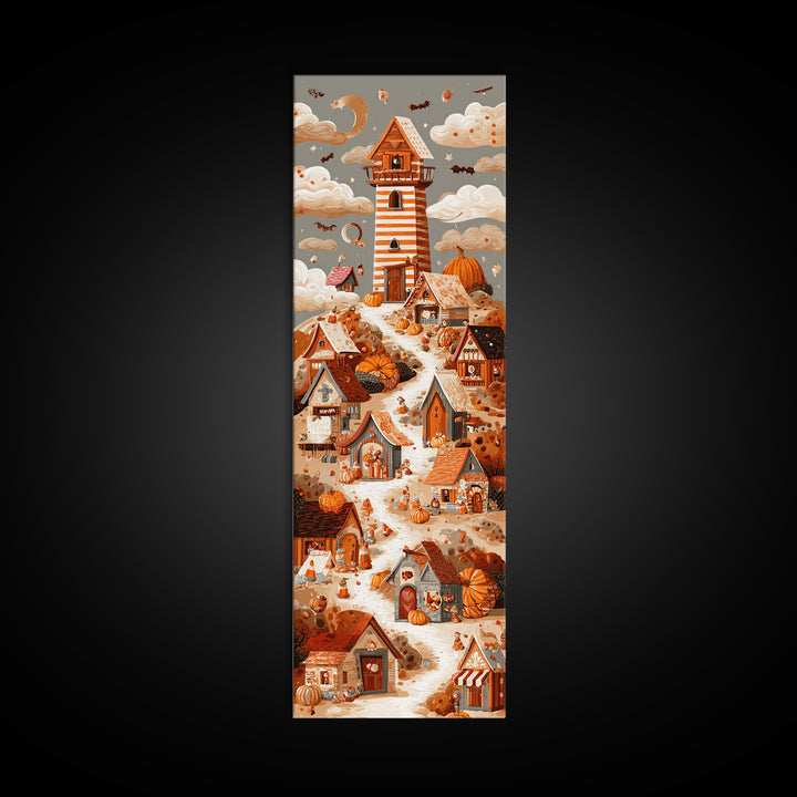 Candy Corn Village, Screenprint Halloween Art, Tall Narrow Wall Art, Framed Canvas Print, Cute Halloween Wall Art