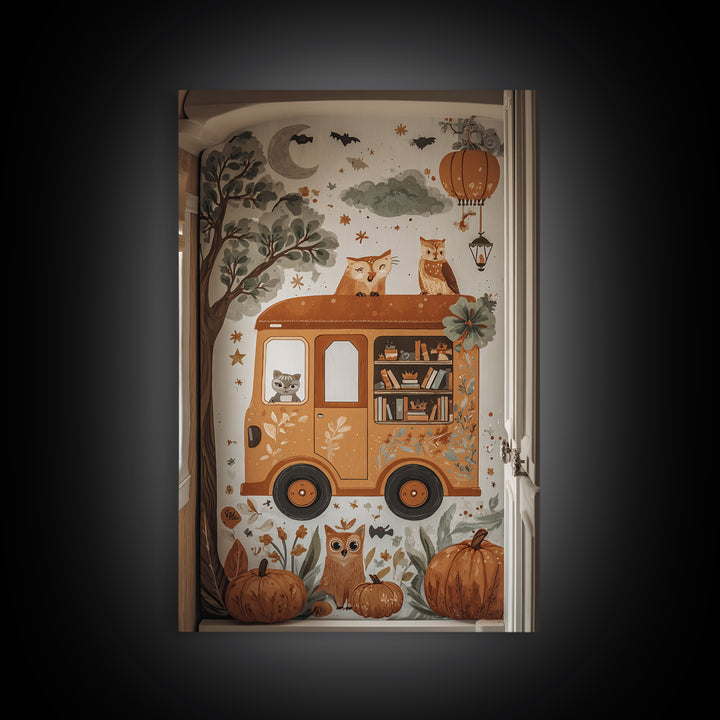 The Pumpkin Bookmobile, Folk Halloween Art, Vertical Wall Art, Canvas Print, Cute Halloween Wall Art