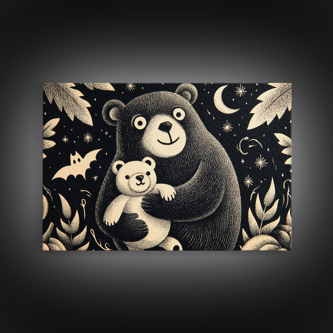 The Three-Eyed Teddy Monster, Linocut Halloween Art, Landscape Wall Art, Framed Canvas Print, Cute Halloween Wall Art