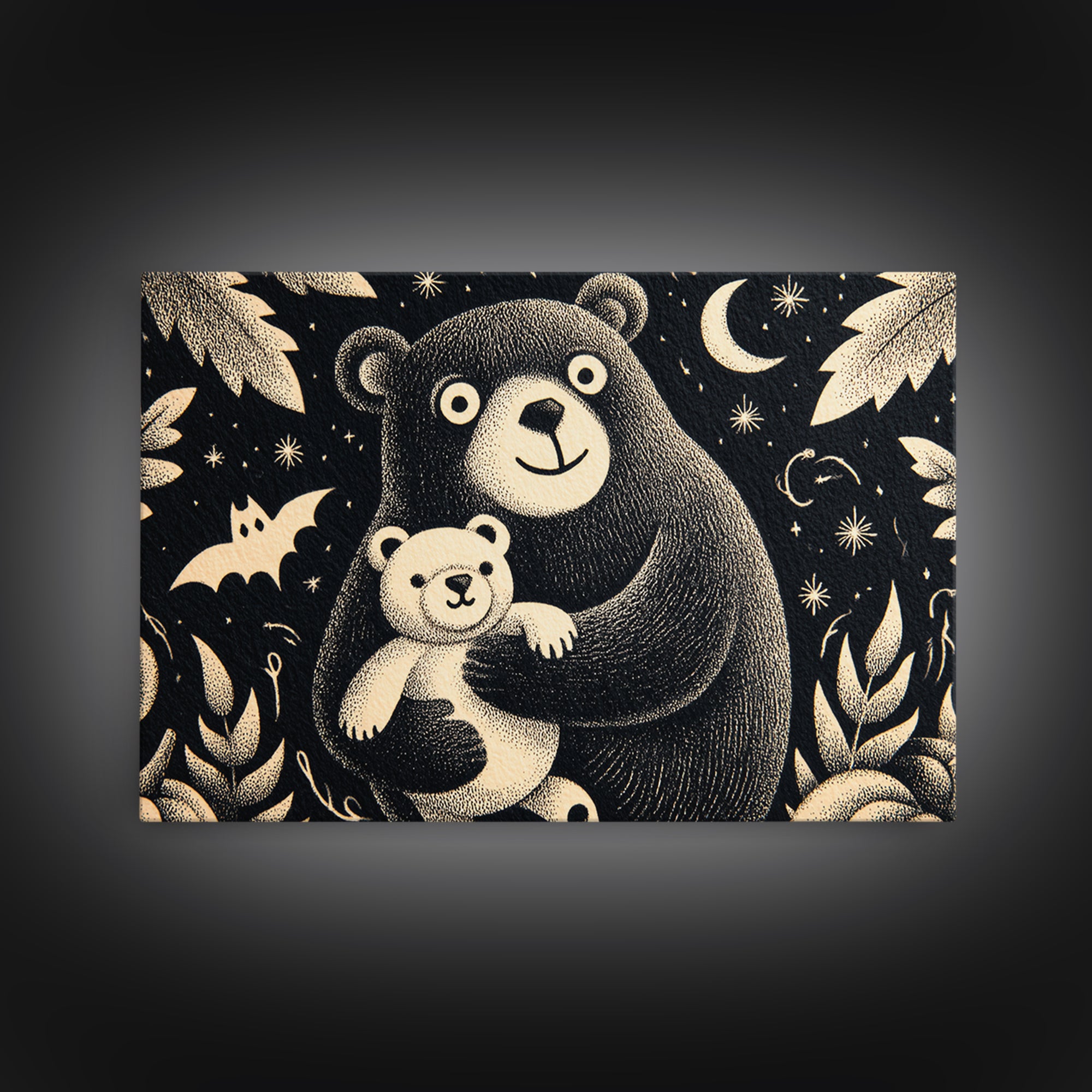 The Three-Eyed Teddy Monster, Linocut Halloween Art, Landscape Wall Art, Framed Canvas Print, Cute Halloween Wall Art
