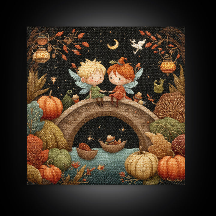 The Autumn Fairy Bridge, Embroidered Halloween Art, Square Wall Art, Canvas Print, Cute Halloween Wall Art