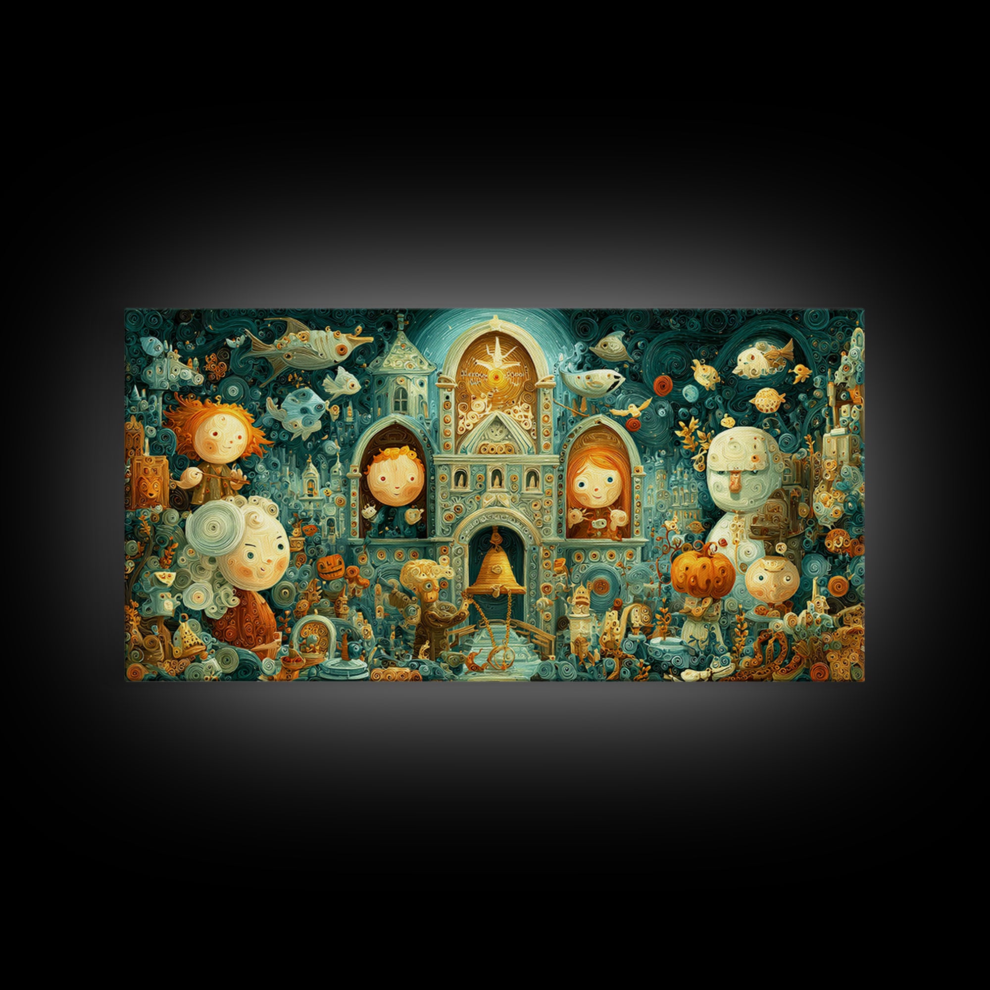 The Bellringer Of The Sunken Cathedral, Quilled Halloween Art, Wide Panoramic Art, Framed Canvas Print, Cute Halloween Wall Art