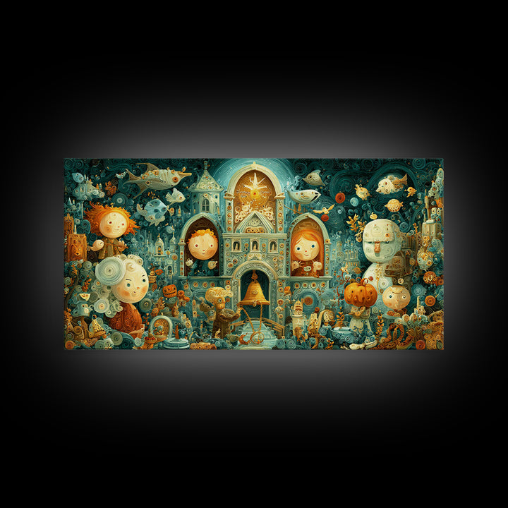 The Bellringer Of The Sunken Cathedral, Quilled Halloween Art, Wide Panoramic Art, Framed Canvas Print, Cute Halloween Wall Art