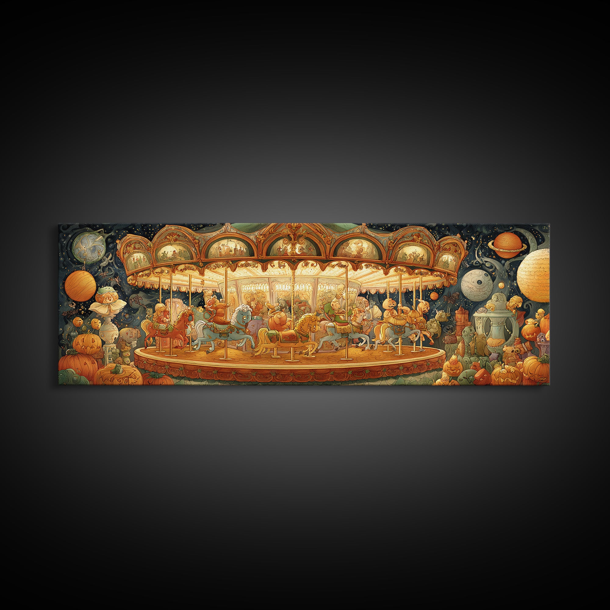 The Carousel Of Sleeping Planets, Stained Glass Halloween, Extra Wide Wall Art, Canvas Print, Cute Halloween Wall Art