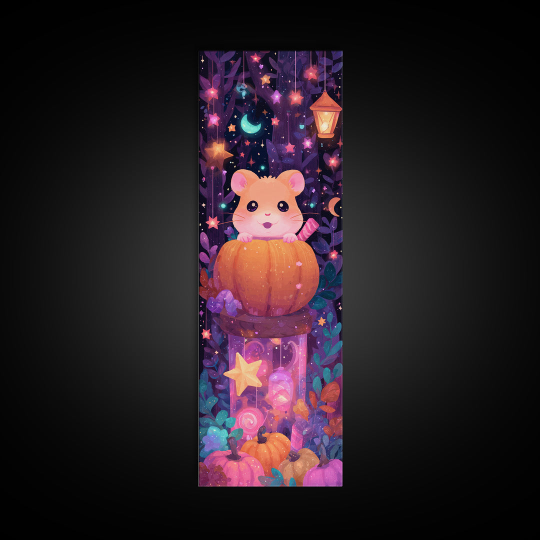 The Pumpkin Hamster, Vaporwave Halloween Art, Tall Narrow Wall Art, Framed Canvas Print, Cute Halloween Wall Art