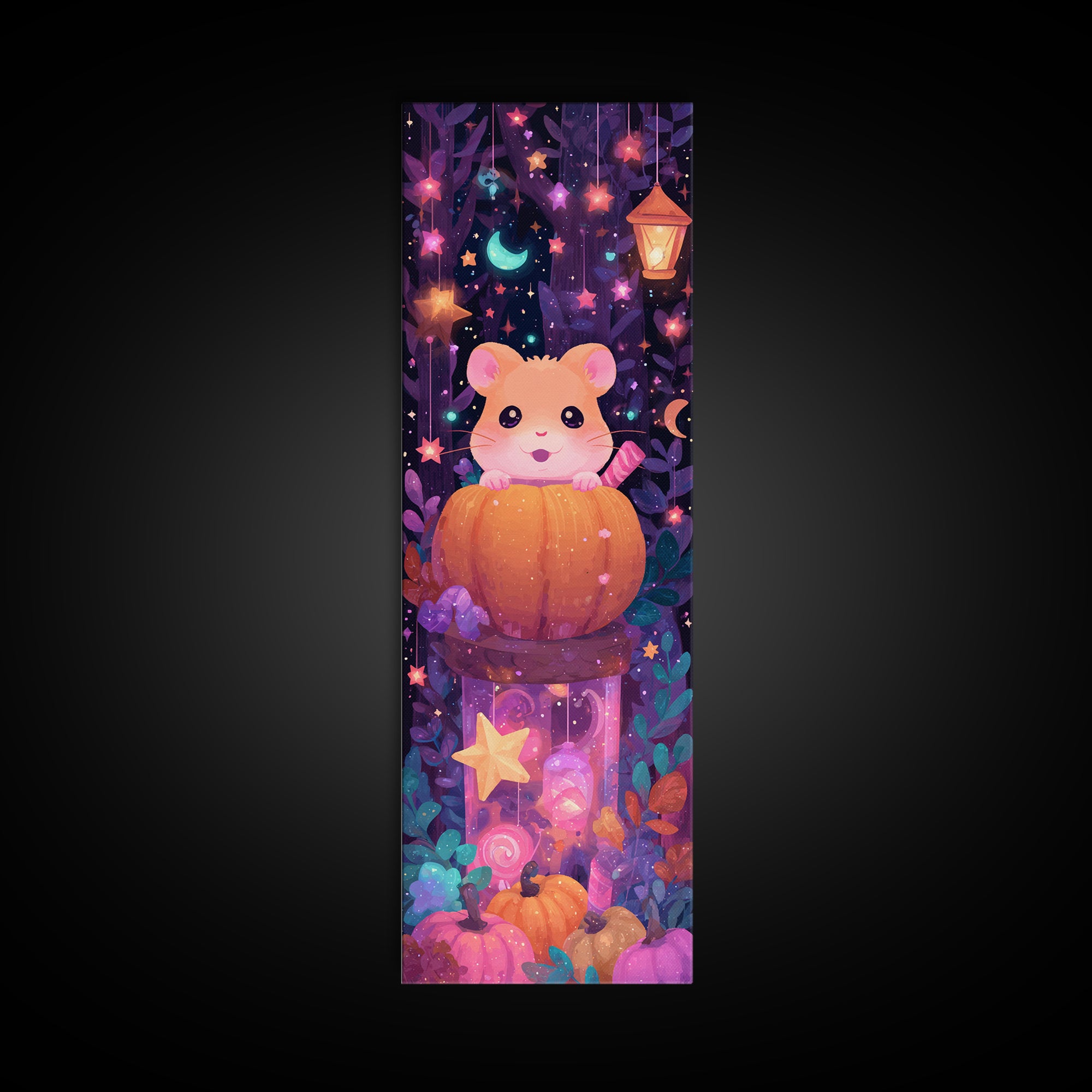 The Pumpkin Hamster, Vaporwave Halloween Art, Tall Narrow Wall Art, Framed Canvas Print, Cute Halloween Wall Art