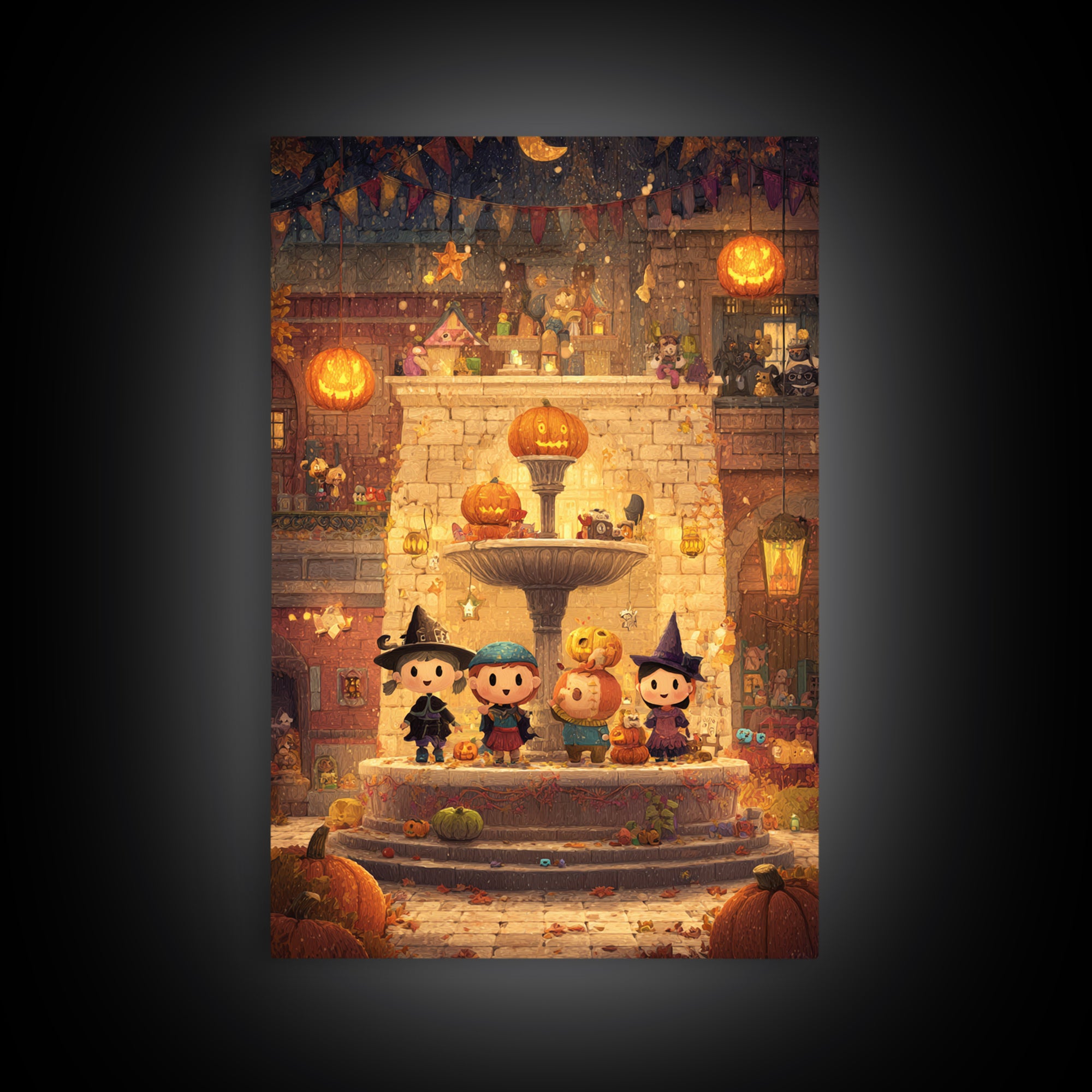 The Trick-Or-Treat Village Square, Pixel Halloween Art, Vertical Wall Art, Canvas Print, Cute Halloween Wall Art