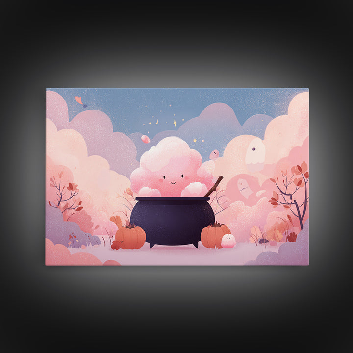 The Cotton-Candy Cauldron, Vector Halloween Art, Landscape Wall Art, Framed Canvas Print, Cute Halloween Wall Art
