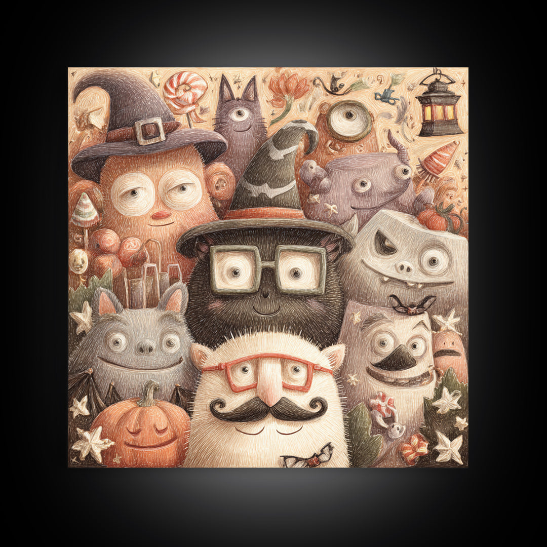 The Costume Photo Booth, Hand Sketch Halloween Art, Square Wall Art, Canvas Print, Cute Halloween Wall Art