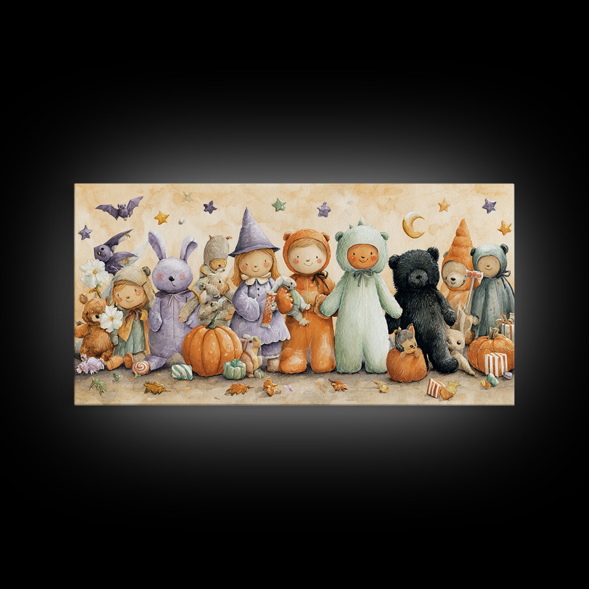 The Halloween Toy Kingdom, Watercolor Halloween Art, Wide Panoramic Art, Framed Canvas Print, Cute Halloween Wall Art
