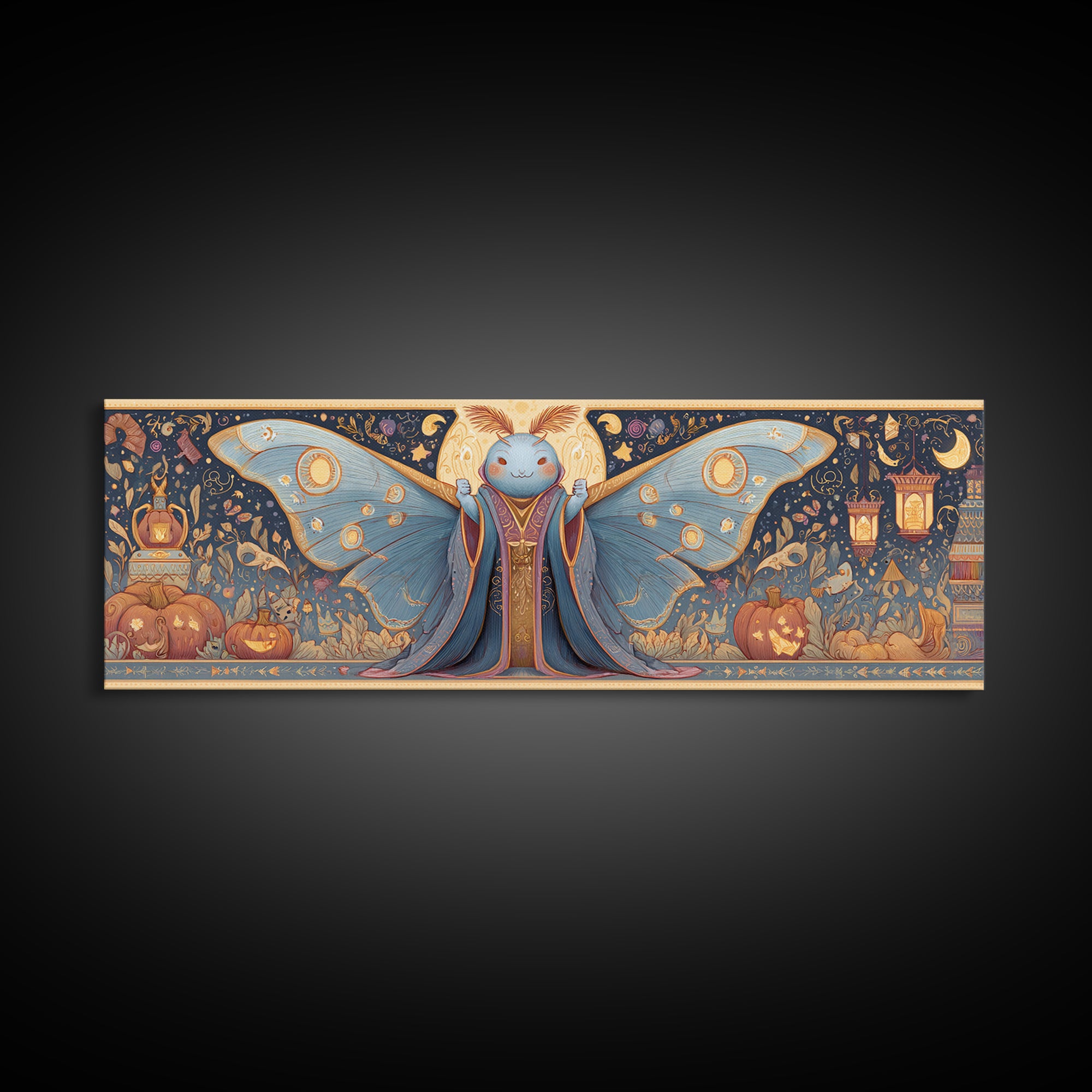 The Moth Prophet Of Kadath, Gouache Halloween Art, Extra Wide Wall Art, Canvas Print, Cute Halloween Wall Art