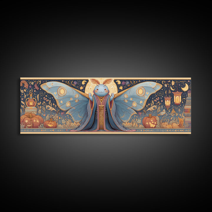 The Moth Prophet Of Kadath, Gouache Halloween Art, Extra Wide Wall Art, Canvas Print, Cute Halloween Wall Art