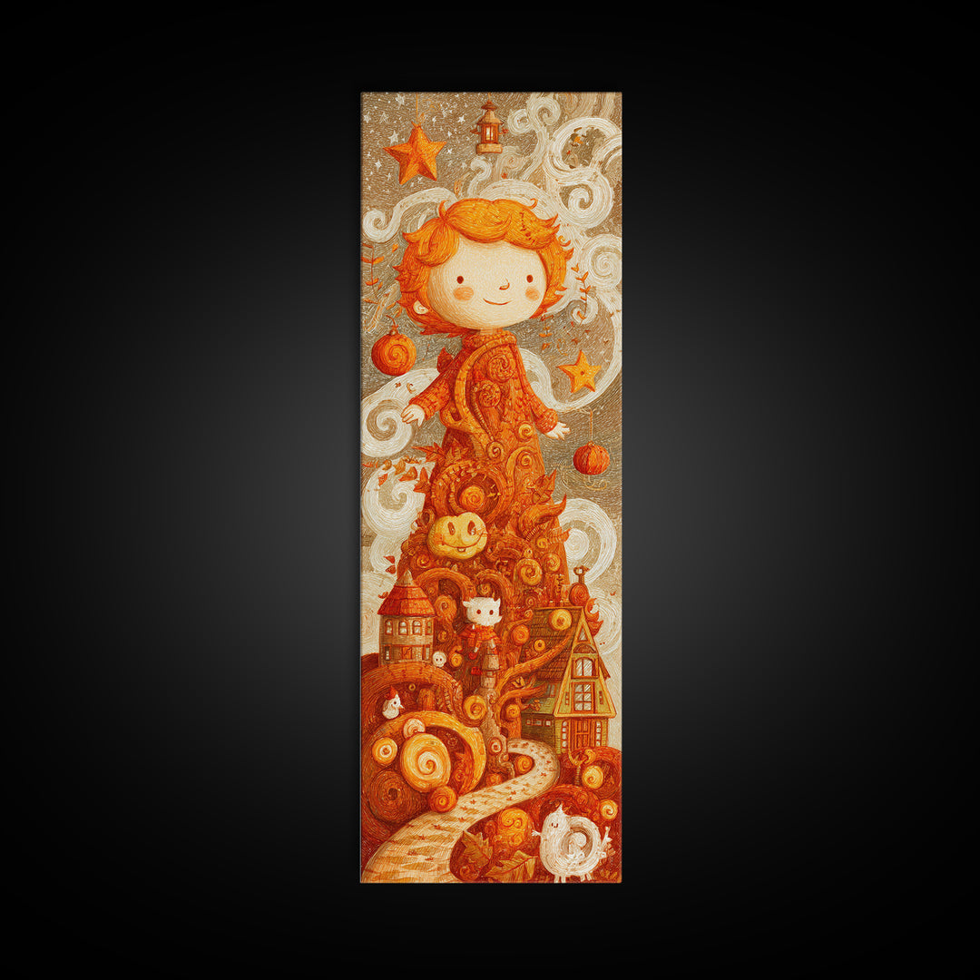 The Autumn Leaf Sprite, Crayon Halloween Art, Tall Narrow Wall Art, Framed Canvas Print, Cute Halloween Wall Art