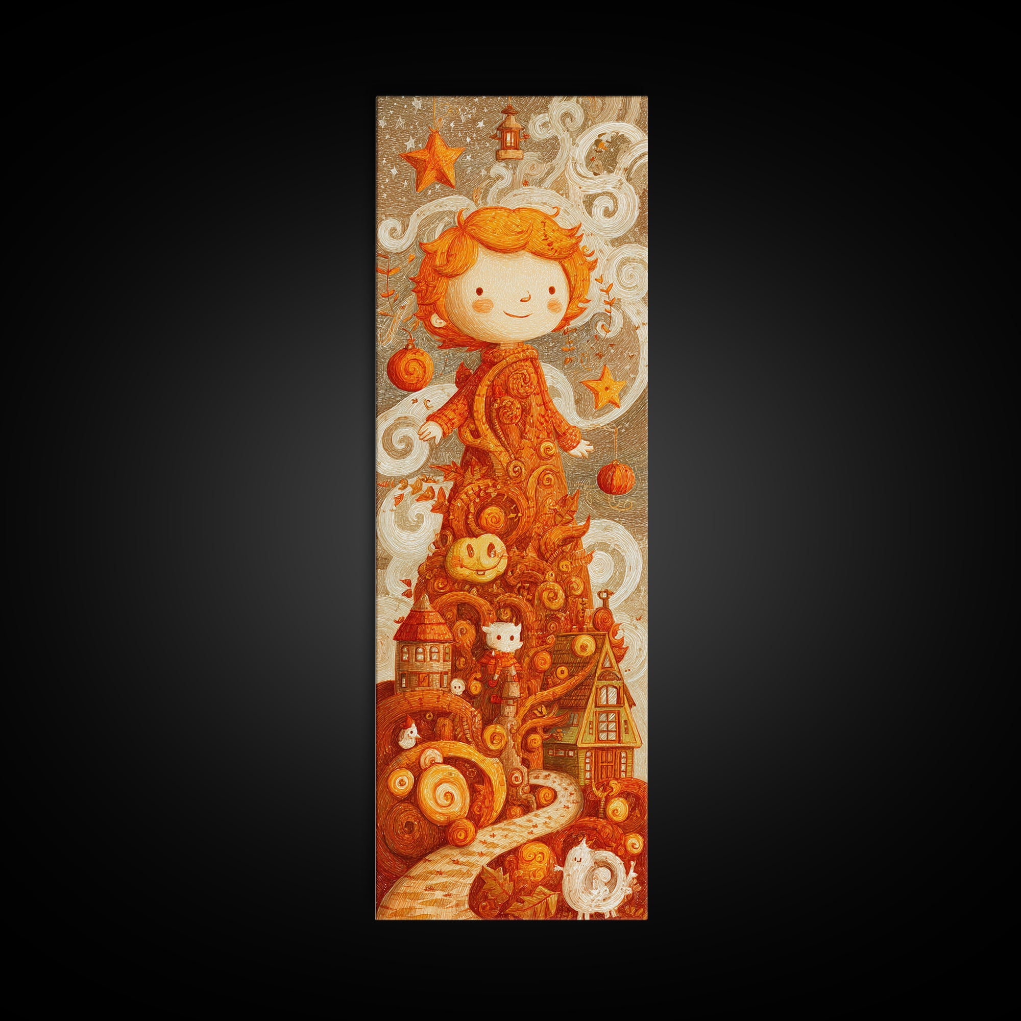 The Autumn Leaf Sprite, Crayon Halloween Art, Tall Narrow Wall Art, Framed Canvas Print, Cute Halloween Wall Art