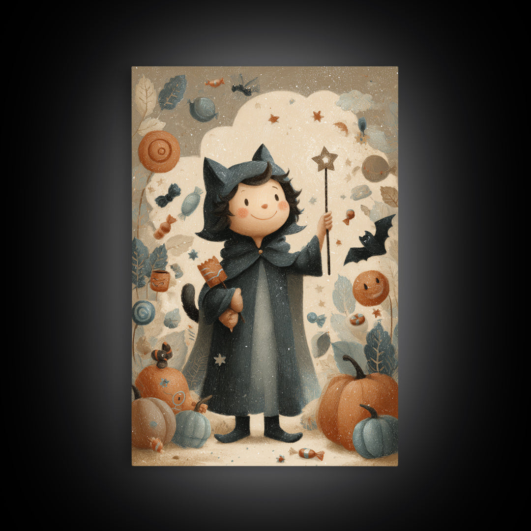 The Costume-Changing Wand, Pastel Halloween Art, Vertical Wall Art, Canvas Print, Cute Halloween Wall Art