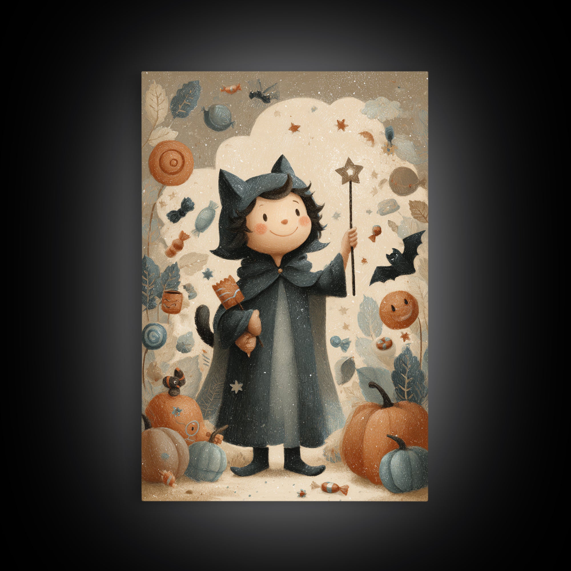 The Costume-Changing Wand, Pastel Halloween Art, Vertical Wall Art, Canvas Print, Cute Halloween Wall Art