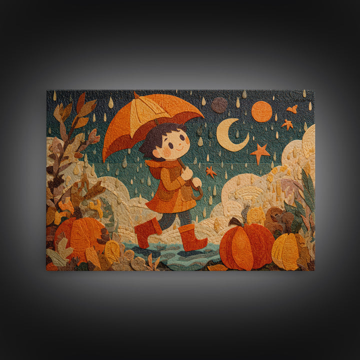 The Pumpkin Umbrella, Paper Collage Halloween, Landscape Wall Art, Framed Canvas Print, Cute Halloween Wall Art, Storybook Decor