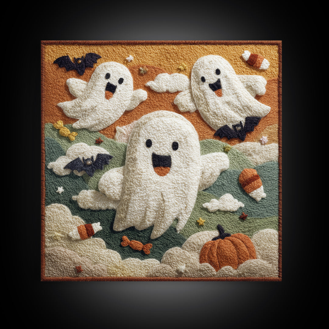 The Ghost Kite Festival, Felt Halloween Art, Square Wall Art, Canvas Print, Cute Halloween Wall Art, Halloween Kids Decor