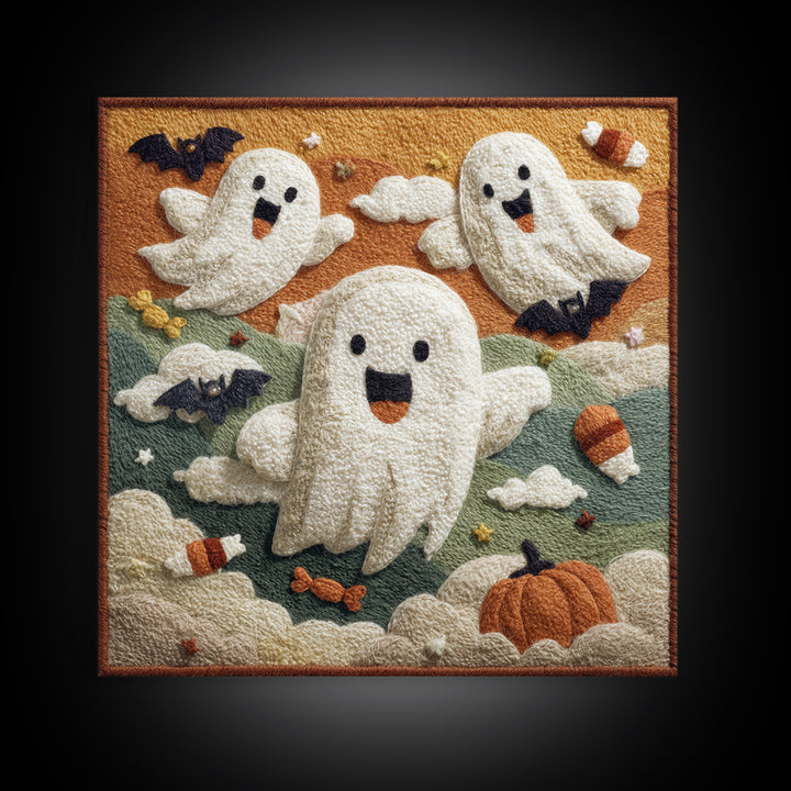 The Ghost Kite Festival, Felt Halloween Art, Square Wall Art, Canvas Print, Cute Halloween Wall Art, Halloween Kids Decor