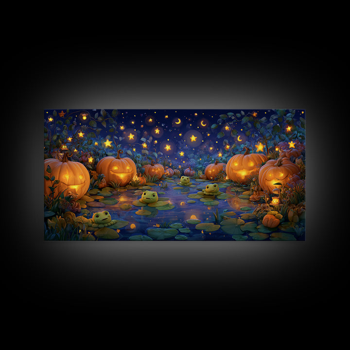 The Star-Filled Pumpkin Pond, Clay Halloween Art, Wide Panoramic Art, Framed Canvas Print, Cute Halloween Wall Art