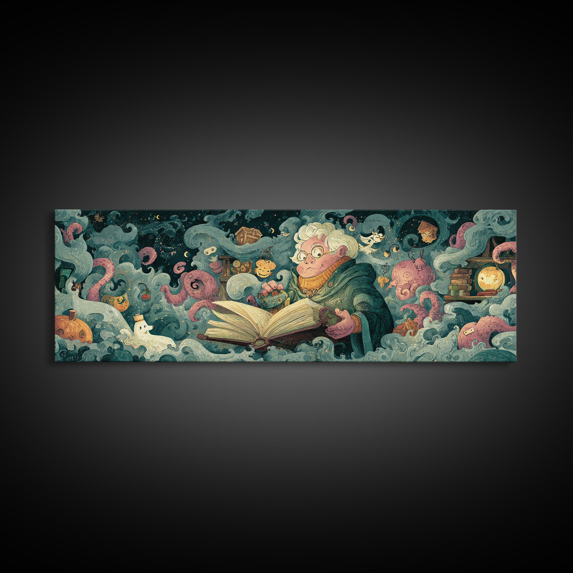 The Librarian Of Forbidden Tides, Plush Halloween Art, Extra Wide Wall Art, Canvas Print, Cute Halloween Wall Art