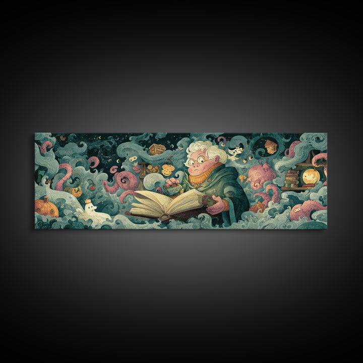 The Librarian Of Forbidden Tides, Plush Halloween Art, Extra Wide Wall Art, Canvas Print, Cute Halloween Wall Art