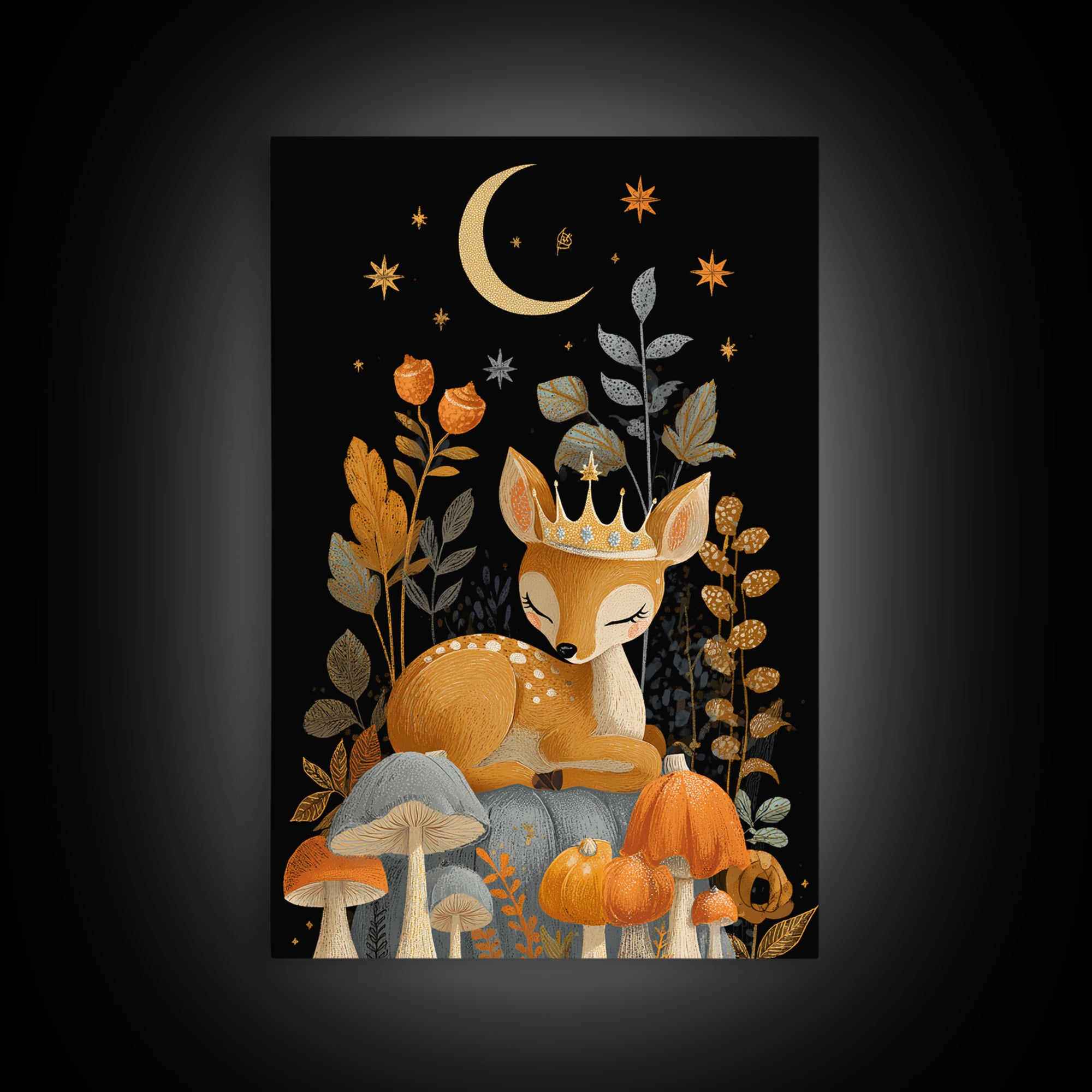 The Moon Princess Deer, Retro Halloween Art, Vertical Wall Art, Canvas Print, Cute Halloween Wall Art