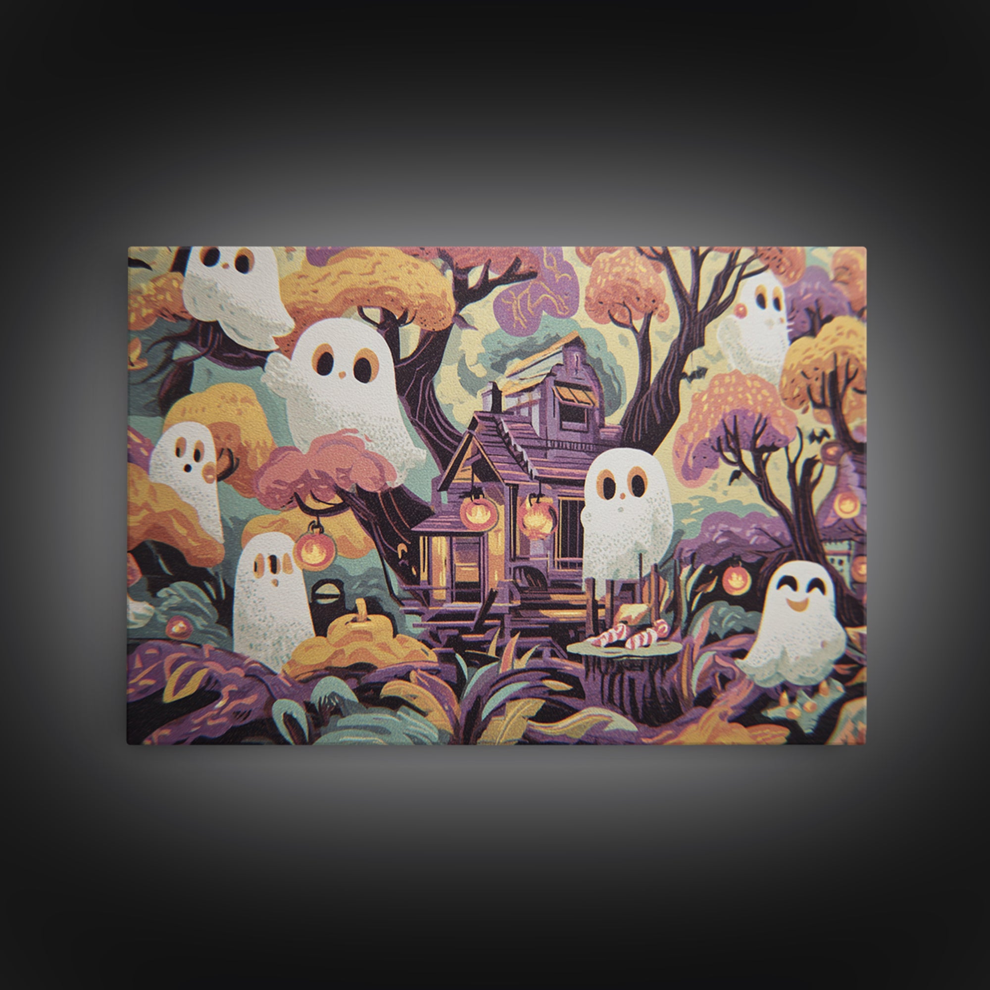 The Ghostly Treehouse, Screenprint Halloween Art, Landscape Wall Art, Framed Canvas Print, Cute Halloween Wall Art