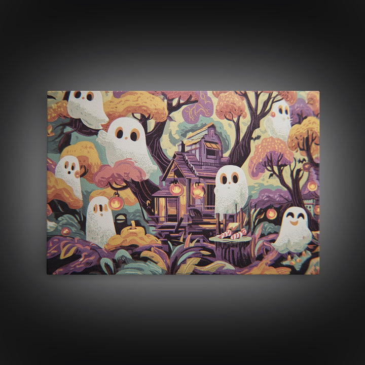 The Ghostly Treehouse, Screenprint Halloween Art, Landscape Wall Art, Framed Canvas Print, Cute Halloween Wall Art