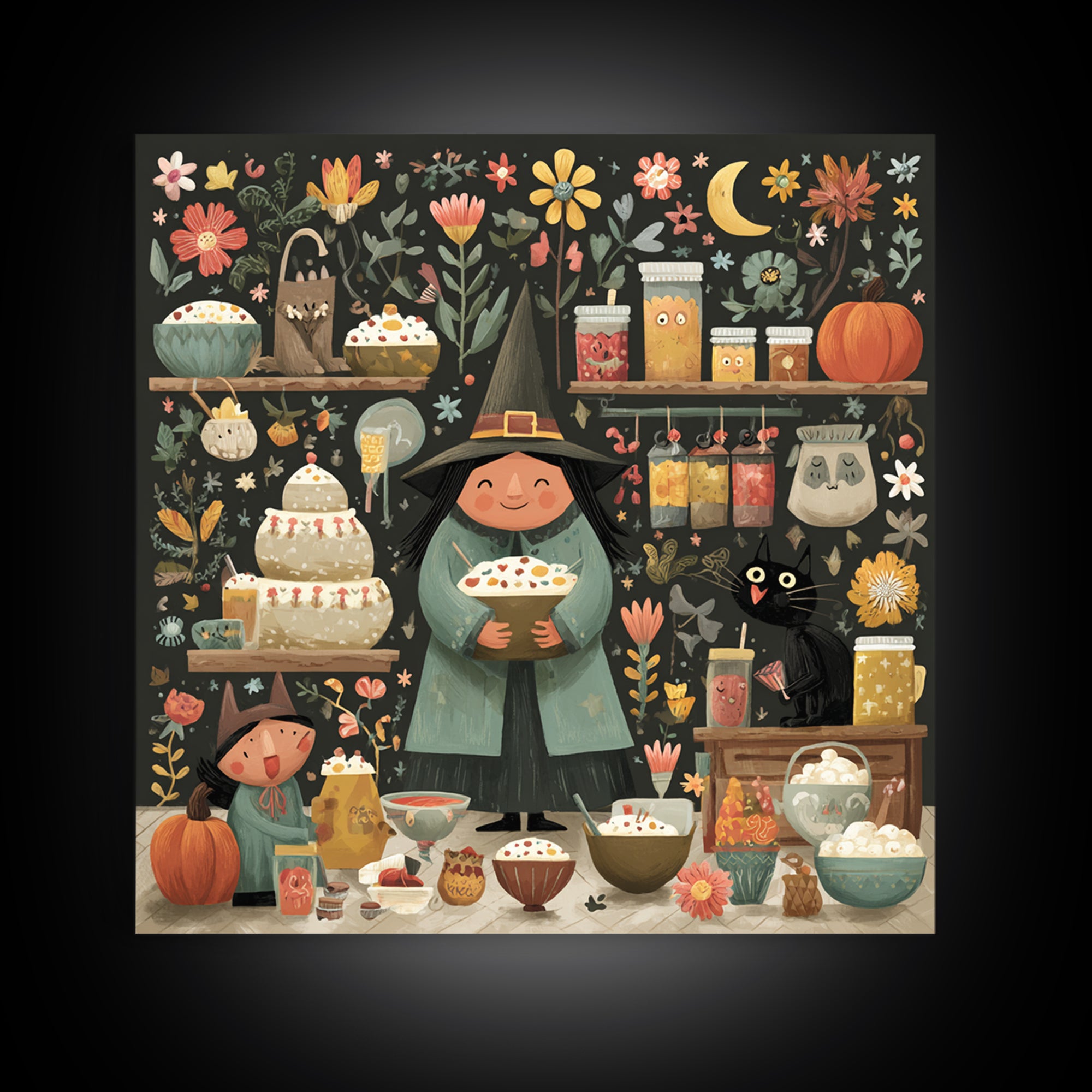 The Candy Witch'S Kitchen, Folk Halloween Art, Square Wall Art, Canvas Print, Cute Halloween Wall Art