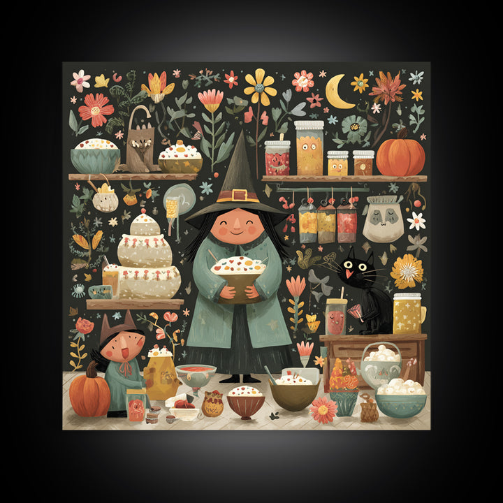 The Candy Witch'S Kitchen, Folk Halloween Art, Square Wall Art, Canvas Print, Cute Halloween Wall Art