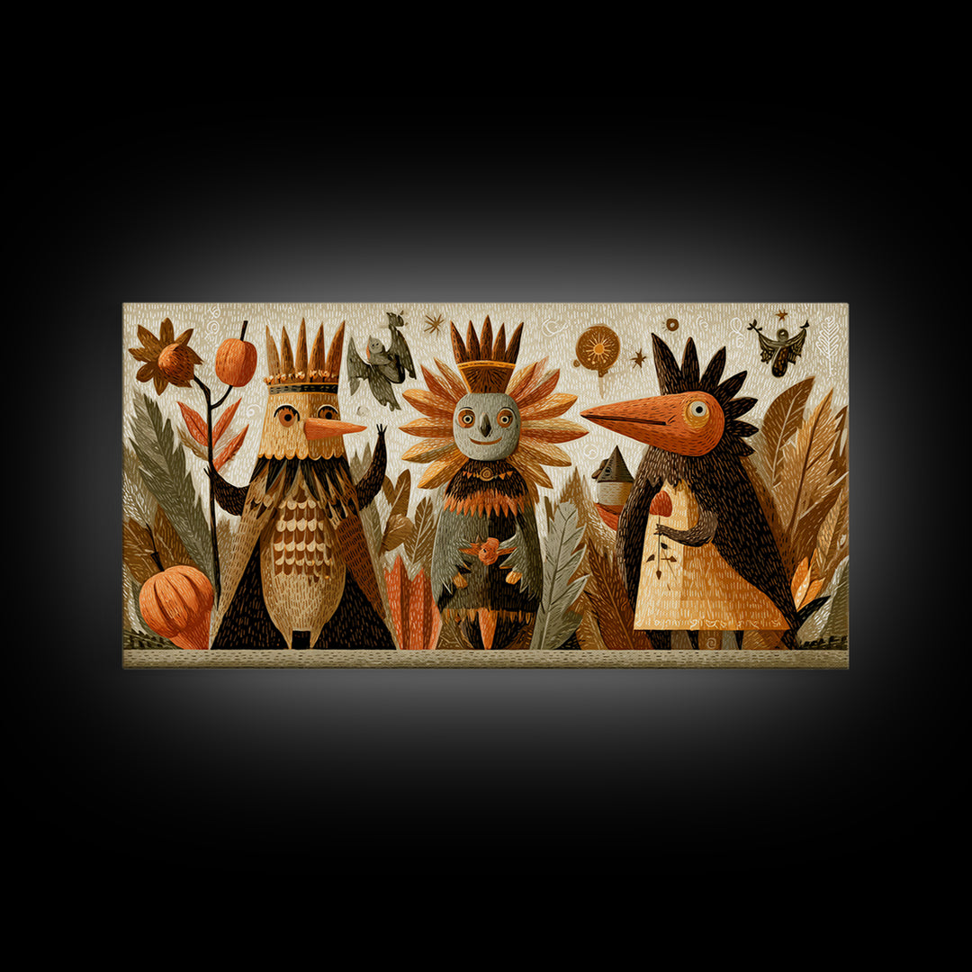 The Autumn Leaf Costume Contest, Linocut Halloween Art, Wide Panoramic Art, Framed Canvas Print, Cute Halloween Wall Art