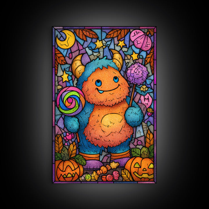 The Rainbow Monster, Stained Glass Halloween, Vertical Wall Art, Canvas Print, Cute Halloween Wall Art