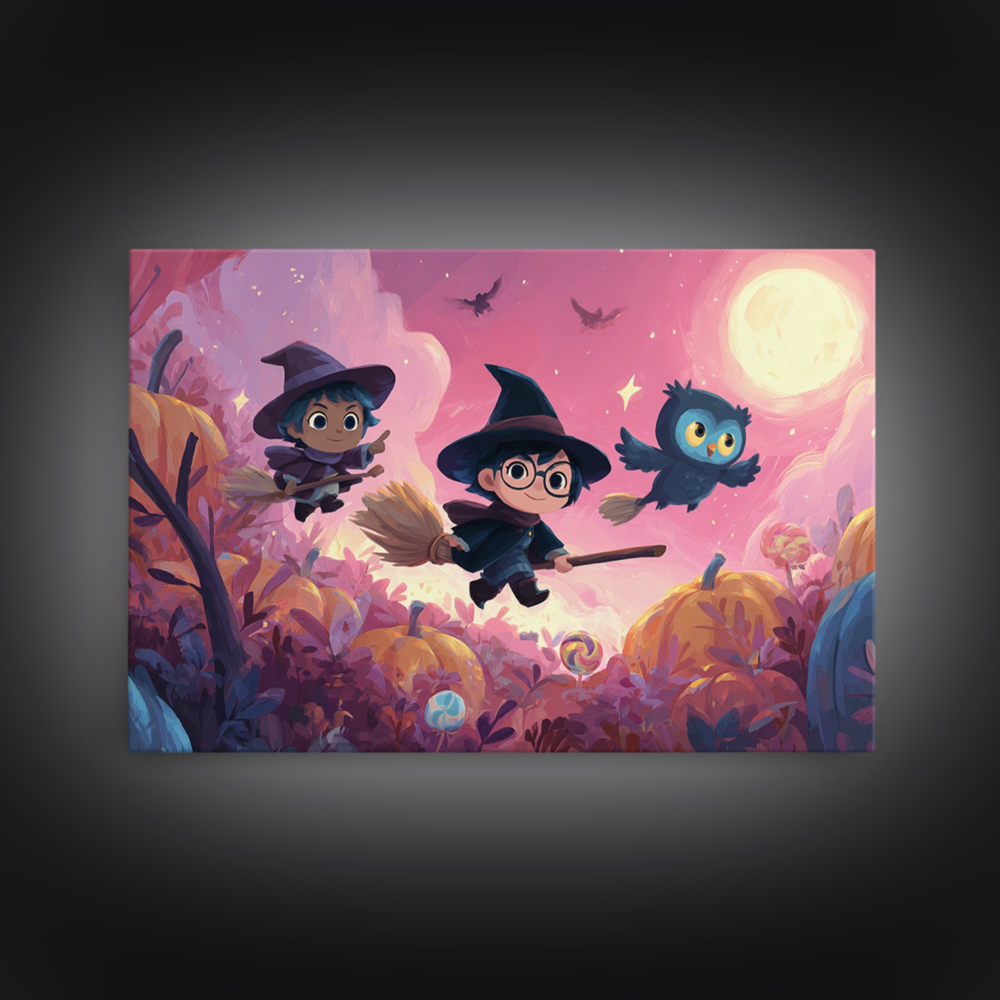 The Broomstick Riding Lesson, Vaporwave Halloween Art, Landscape Wall Art, Framed Canvas Print, Cute Halloween Wall Art